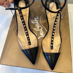 Christian Louboutin Black Nosy Spikes 100 Pvc T Strap Ankle Heel Sandal Pumps